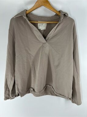 Le Marais Pima Cotton Taupe V-Neck Pullover Sweatshirt